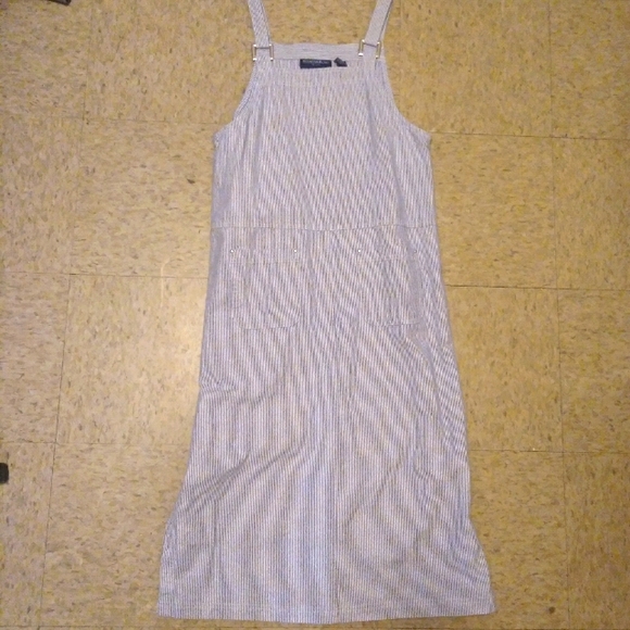 Y2K Mountain Lake Striped Denim Overall Dress Size Medium Petite - Picture 14 of 16